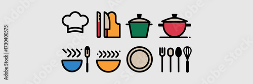 Vector icon sheet with kitchen action icons and plated dish elements