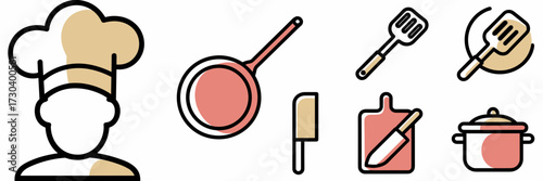 Vector icon sheet of cooking tools with chef hat frying pan spatula knife