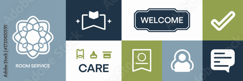 Vector icon sheet for hotel branding with room service welcome badge and care