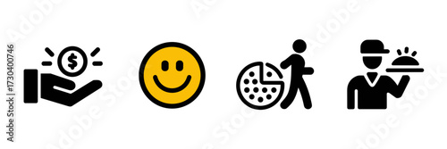 Vector icon sheet of tipping hand smile badge food delivery pizza and waiter with tray symbols