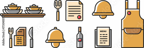 Vector icon sheet of waiter waitress tools tray order pad apron bell wine bottle and menu