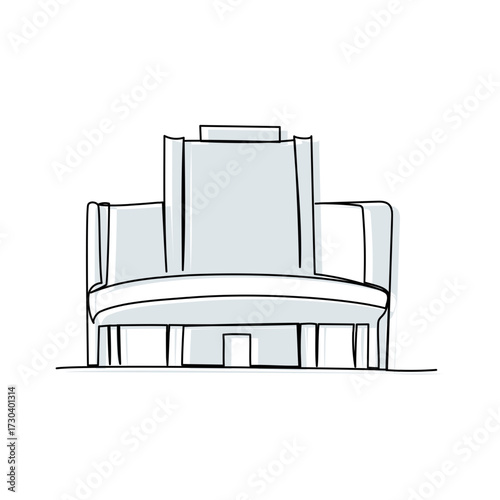 Linear minimalist outline of a classic cinema building, abstract gray vector illustration of movie theater architecture