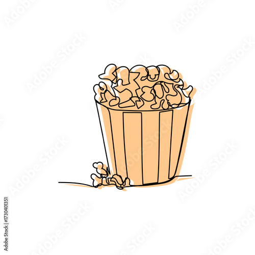 Hand drawn popcorn bucket in minimalist orange line style, perfect symbol for cinema and movie time
