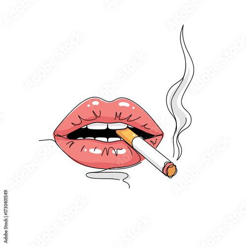 Lips smoking a cigarette with a relaxed expression on a white background