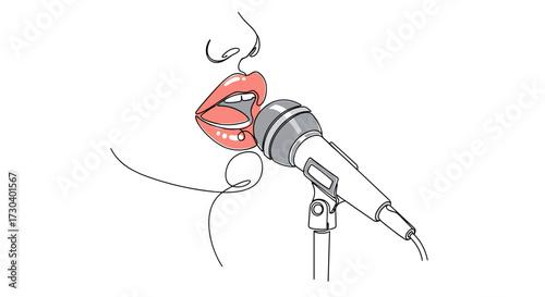 Woman singing into a microphone with vibrant lips and passion on a white background