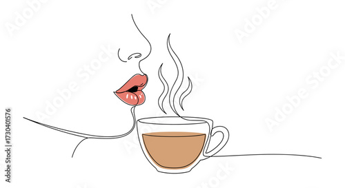 Woman blowing on hot coffee with elegant lips and steam on white background