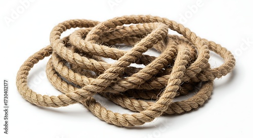 A thick hemp rope coiled and loose in a tangle, with a visibly fibrous texture and a pure white background.