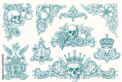 Vintage flourish baroque ornaments frame swirls and scrolls decorations retro design vector