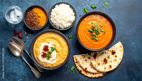 Indian dishes on a dark blue surface