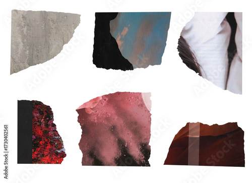 Set of six torn paper pieces with different textures and colors on a transparent background. Perfect for creating modern collages, abstract compositions, art projects, posters, and digital design.