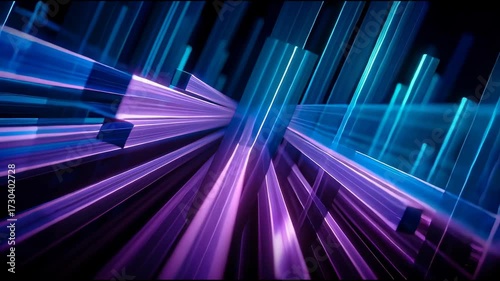 Geometric shapes in blue and purple colors interact and shift in a mesmerizing display. This abstract animation captures attention with its vibrant design and energy.