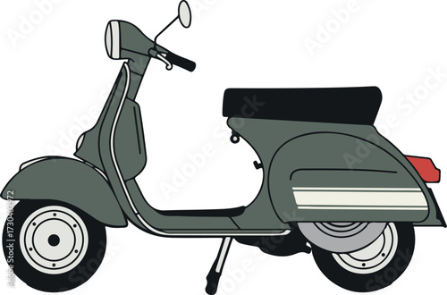 Stylized illustration of a vintage-inspired two-wheel scooter in a muted green hue, perfect for showcasing retro urban transport, nostalgic travel, or a cool lifestyle statement