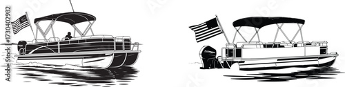 Four detailed illustrations of pontoon boats on water