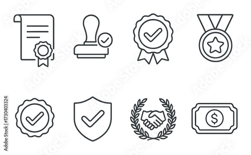 Set of eight black icons: certificate, stamp, badge, medal, award, shield, handshake, dollar