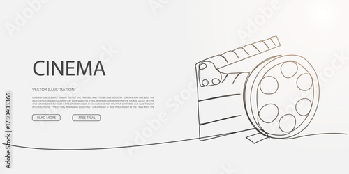 Minimalist landing page concept with cinema clapperboard and film reel, vector web layout for movie or film production website