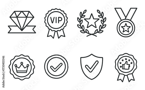 Monochrome icon set featuring medals shields gems laurels and checkmarks
