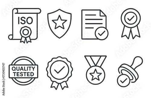 Quality assurance icons: certification, iso, security, award, badge