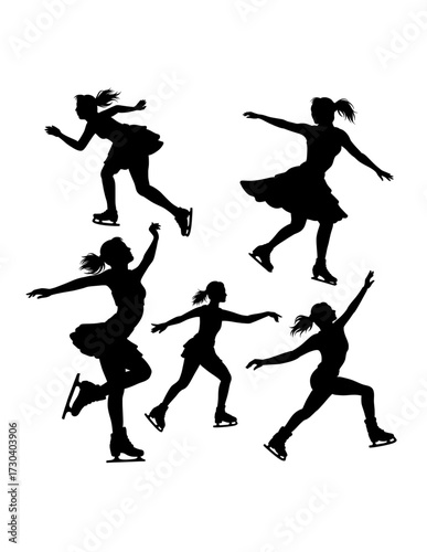 Girl playing ice skating sport training, dancing pose black silhouette