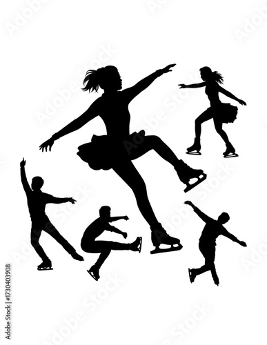 Girl playing ice skating sport training, dancing pose black silhouette