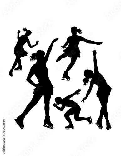 Girl playing ice skating sport training, dancing pose black silhouette