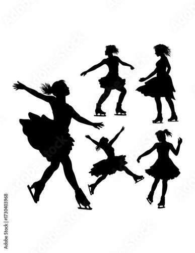 Girl playing ice skating sport training, dancing pose black silhouette