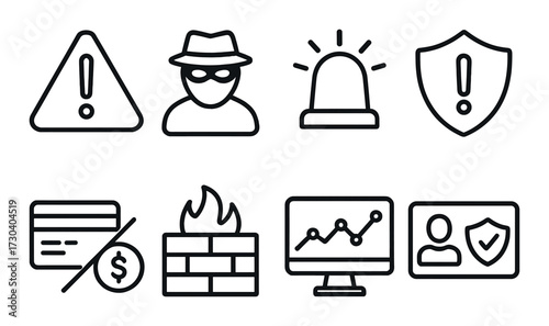 Cybersecurity icons: threat alert, hacker, firewall, surveillance, security shield