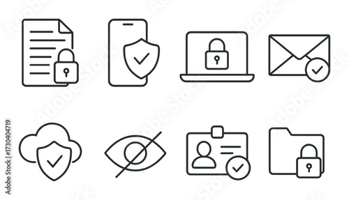 Cybersecurity icons featuring locks and shields on digital devices and documents