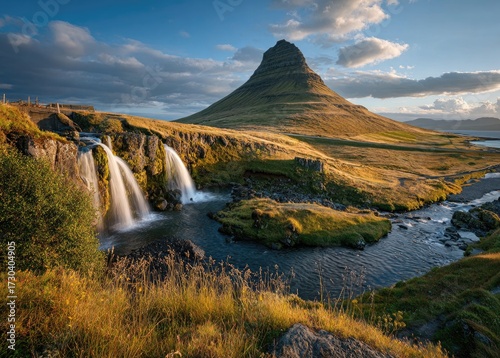 Iceland landscape with waterfall and mountain