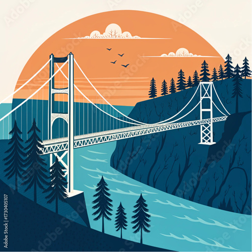 Iconic suspension bridge spanning a river at sunset