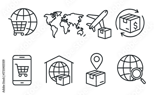 Global e-commerce and logistics icons featuring shipping and delivery elements