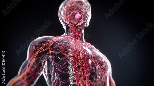 Detailed anatomical model showcasing the human vascular system with intricate structures and highlights.