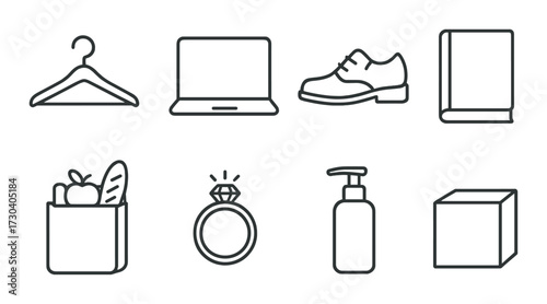 Simple icons: clothing, technology, footwear, book, groceries, jewelry, hygiene, box