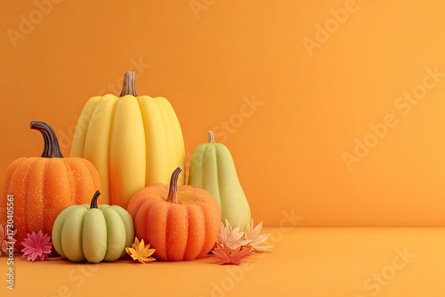 Autumn pumpkins and leaves on orange background