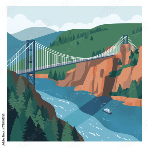 Suspension bridge spanning a wide river through a rocky canyon