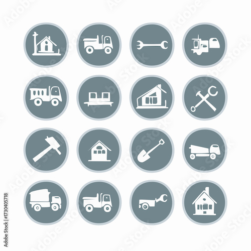 Essential vector icon set for construction and building projects, featuring diverse tools, heavy machinery, and residential structures for architectural design and development