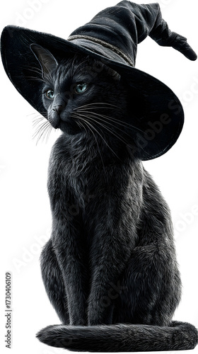 Black cat with witch hat and mystical gaze, perfect for Halloween themes, magical art, or spooky decorations with an enchanting vibe.