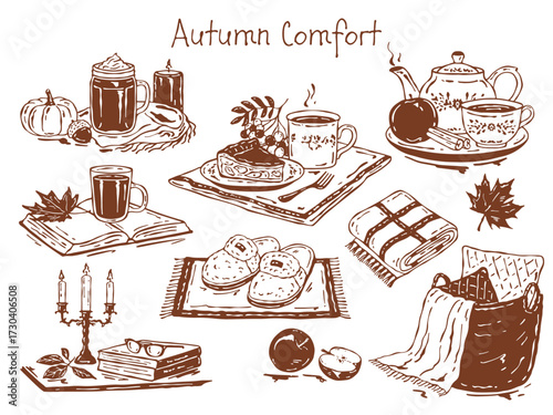 Hand-drawn vector set of cozy autumn comfort in monochrome line art style. Includes pumpkin latte, pumpkin, candle, teapot, tea, apple pie, rowan berries, book, coffee, blanket and more