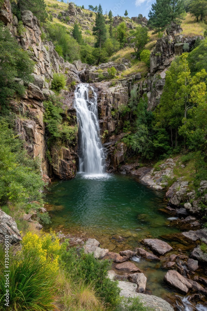 Naklejka premium Mountain waterfall cascading into a tranquil pool. Lush greenery surrounds the scene
