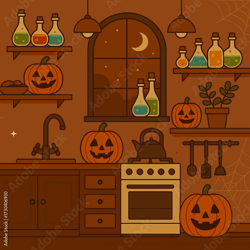 Halloween-themed kitchen filled with pumpkins and potions under a moonlit window