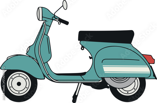 Stylized illustration of a vintage teal scooter, perfect for capturing a retro travel and urban lifestyle aesthetic, evoking a sense of classic European charm and freedom on the road