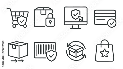 E-commerce security icons displaying shopping cart, lock, and package elements