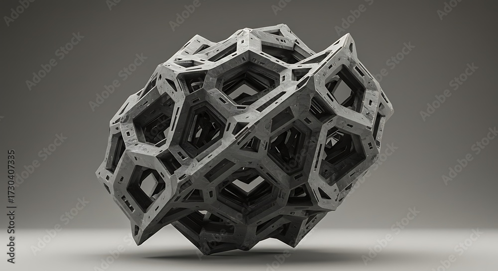 Fototapeta premium Intricate geometric structure featuring repeating hexagonal and square shapes, creating a complex, porous, three-dimensional object.
