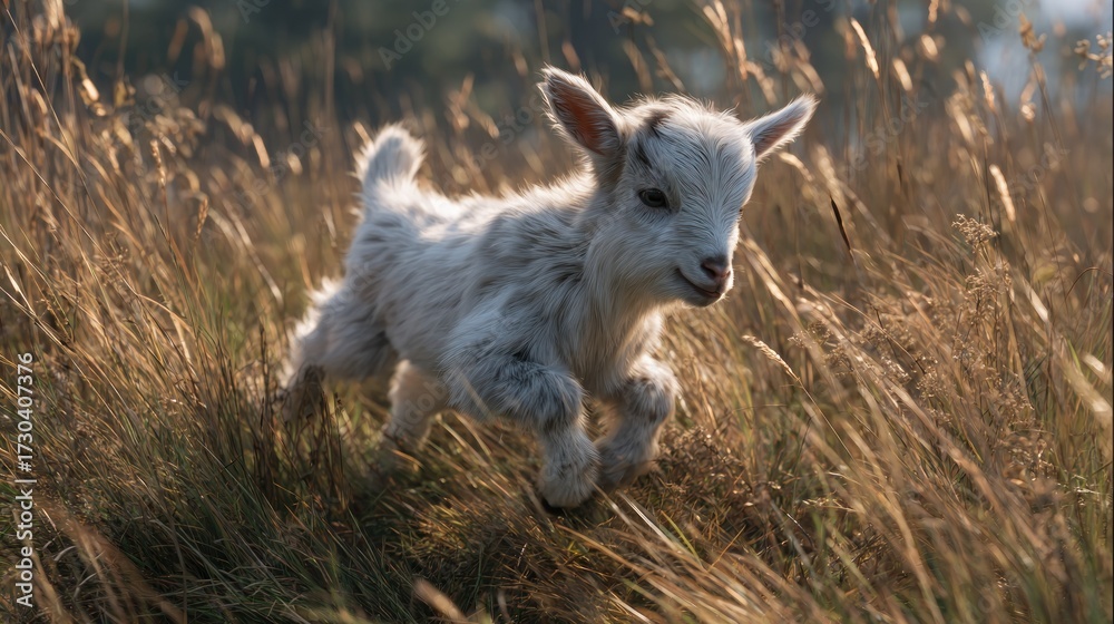 Obraz premium Baby goat running in tall grass