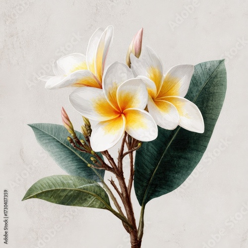 Vintage botanical illustration of white and yellow flowers and green leaves