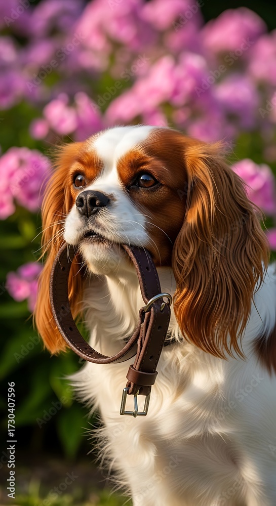 Fototapeta premium Cavalier King Charles Spaniel with Collar in Garden.