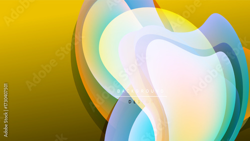 Abstract flowing shapes, vibrant colors blend. Yellow background contrasts with translucent layers, creating dynamic visual effect. Modern design.