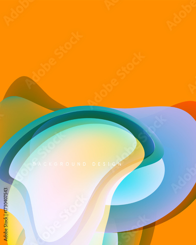 Abstract flowing shapes, vibrant colors. Orange background contrasts with blue, green, yellow layers. Modern design element.