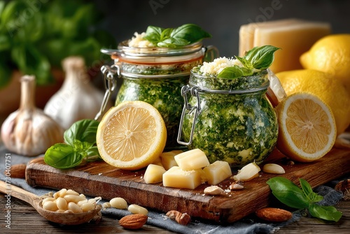 Pesto in jars, surrounded by ingredients