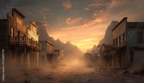 Western town landscape with mountains and sunset sky background