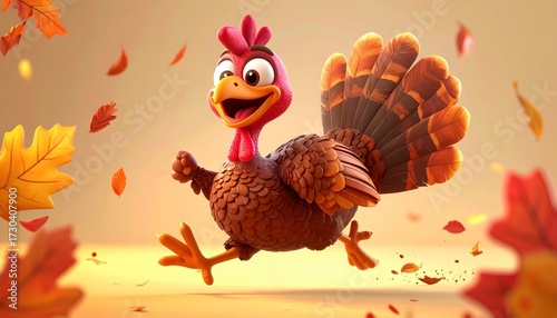 funny 3d cartoon turkey running thanksgiving icon. Festive fowl sprint autumn holiday graphic happy bird dash thanksgiving day image.
